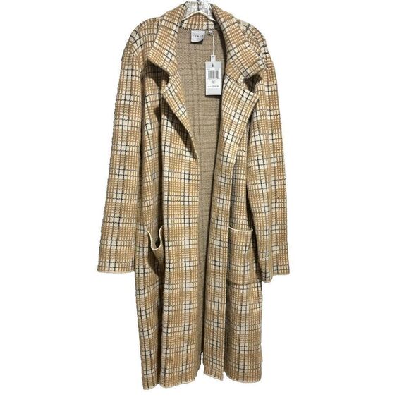 NWT Cyrus Womens Tan Beige Plaid Collared Size XL Long Sleeve Long Outwear Coat - Picture 2 of 10